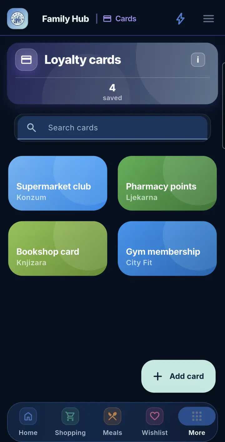 Loyalty cards in Family Hub, on a phone