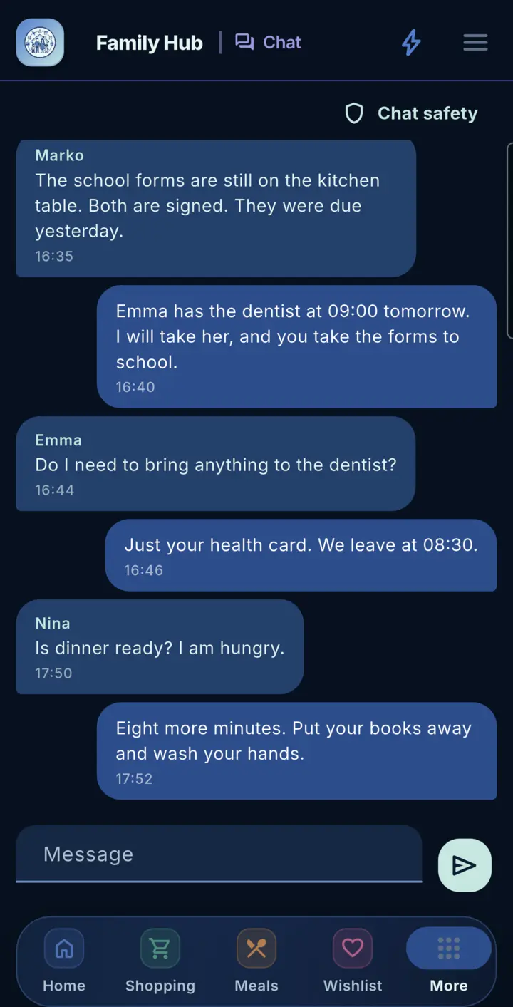 Household chat in Family Hub, on a phone
