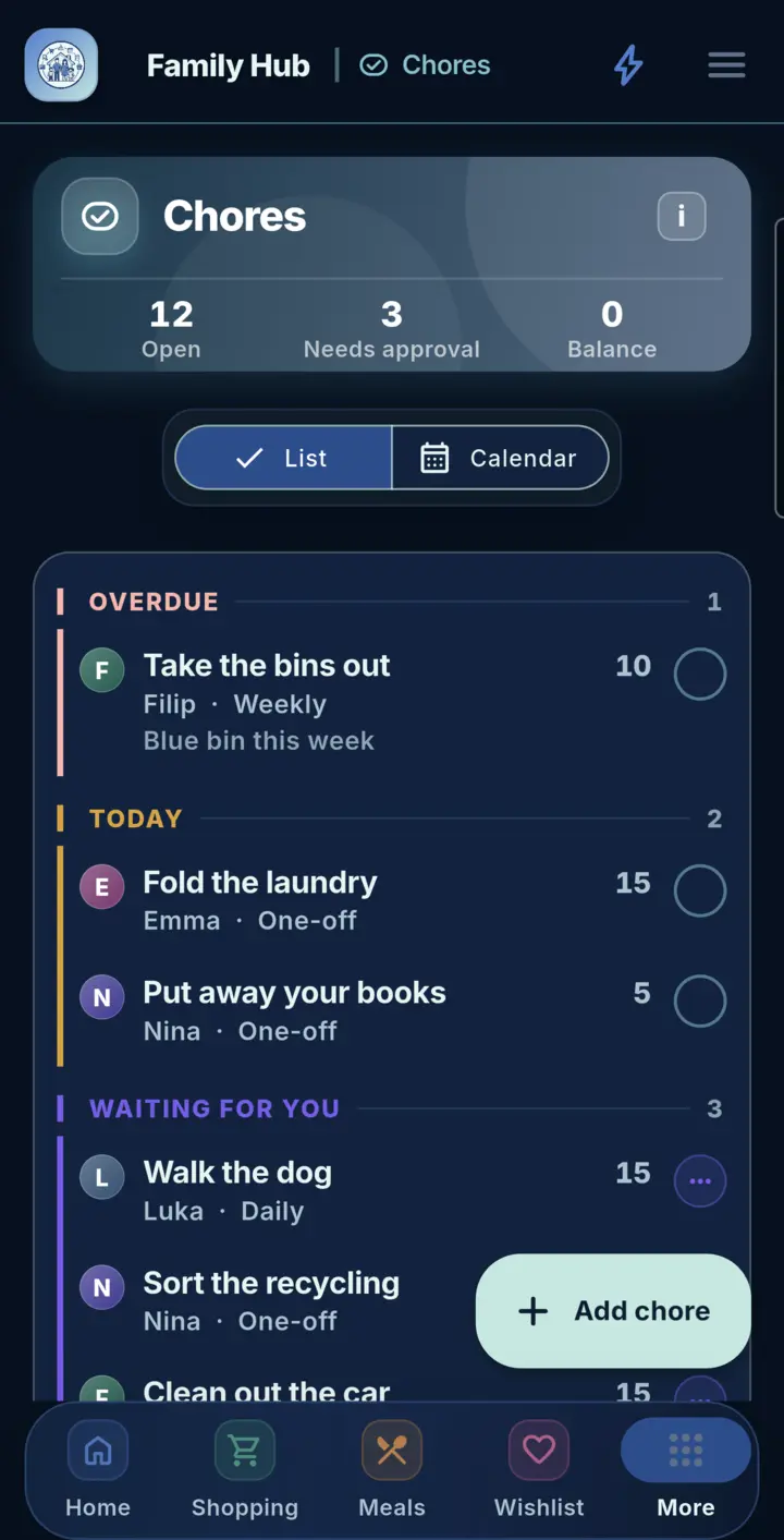 Chores in Family Hub, on a phone