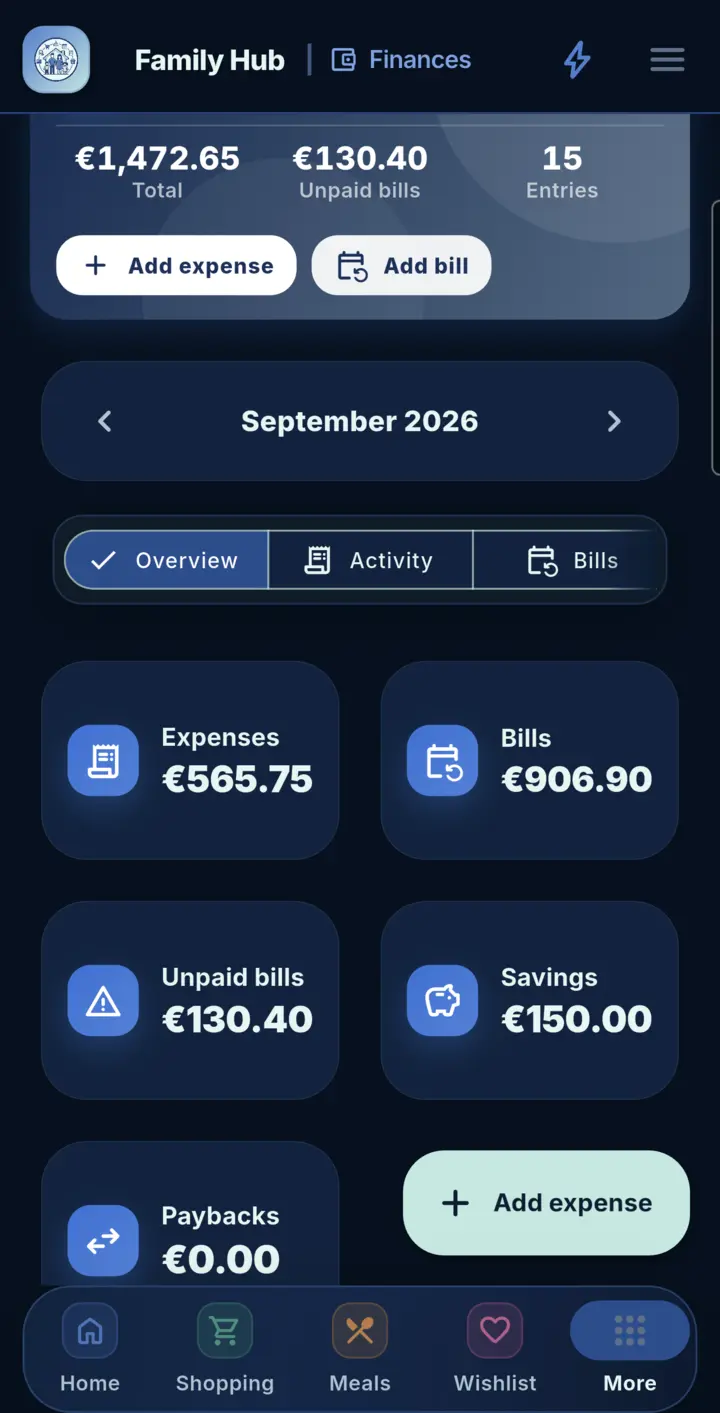 Finances in Family Hub, on a phone