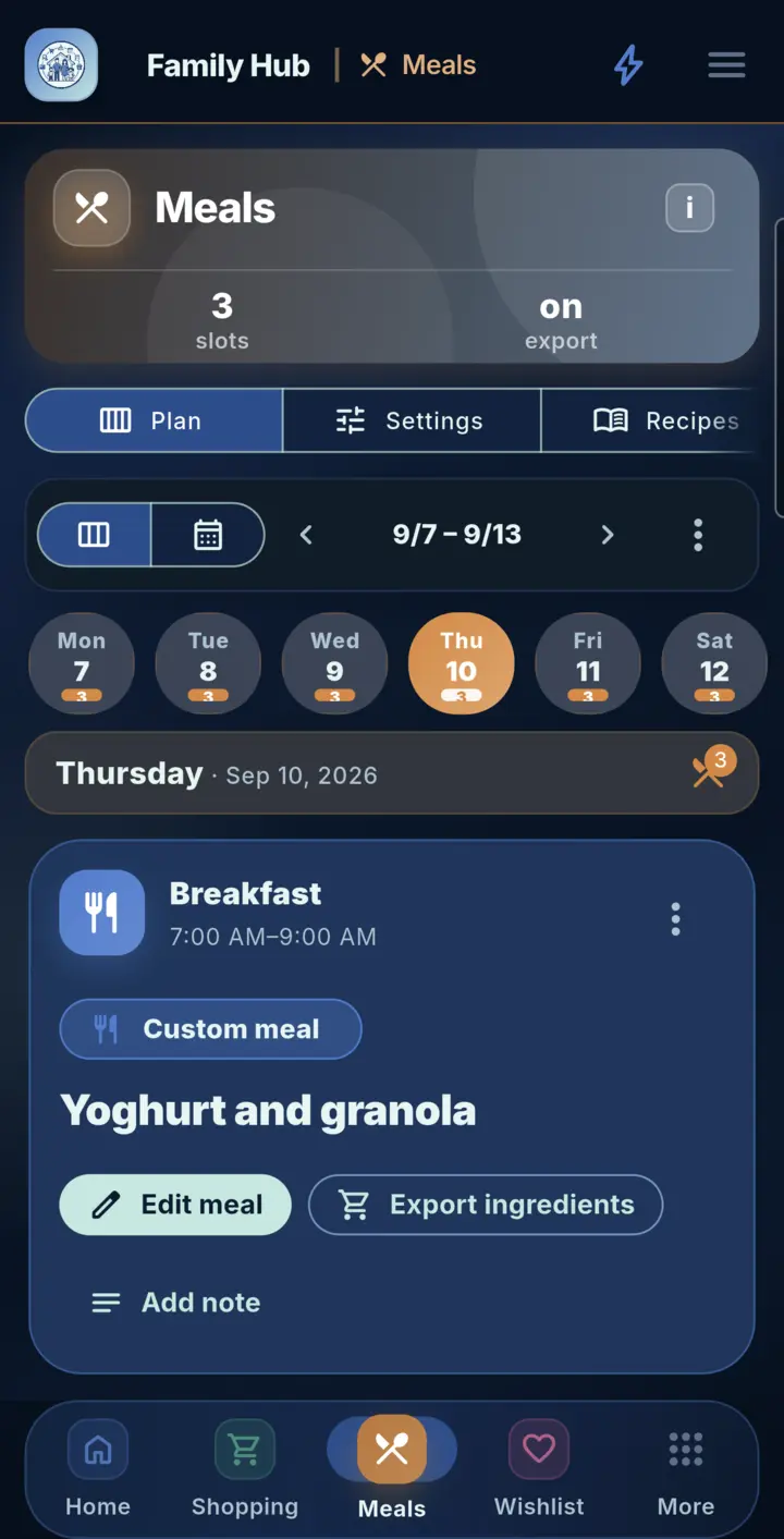 Meals in Family Hub, on a phone