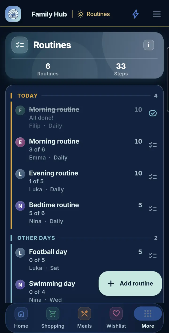 Routines in Family Hub, on a phone