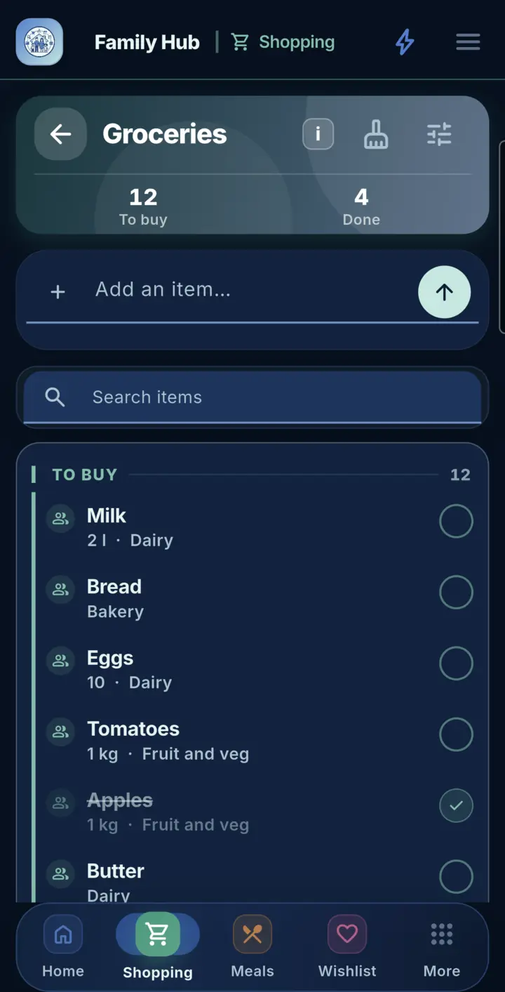 Shopping in Family Hub, on a phone