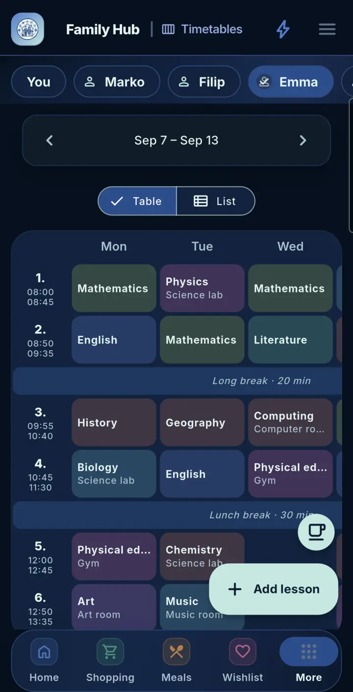 Timetables in Family Hub, on a phone