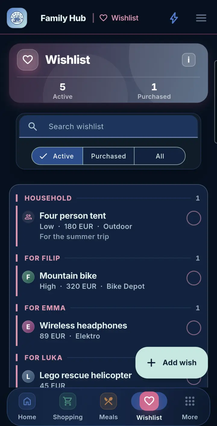 Wishlist in Family Hub, on a phone