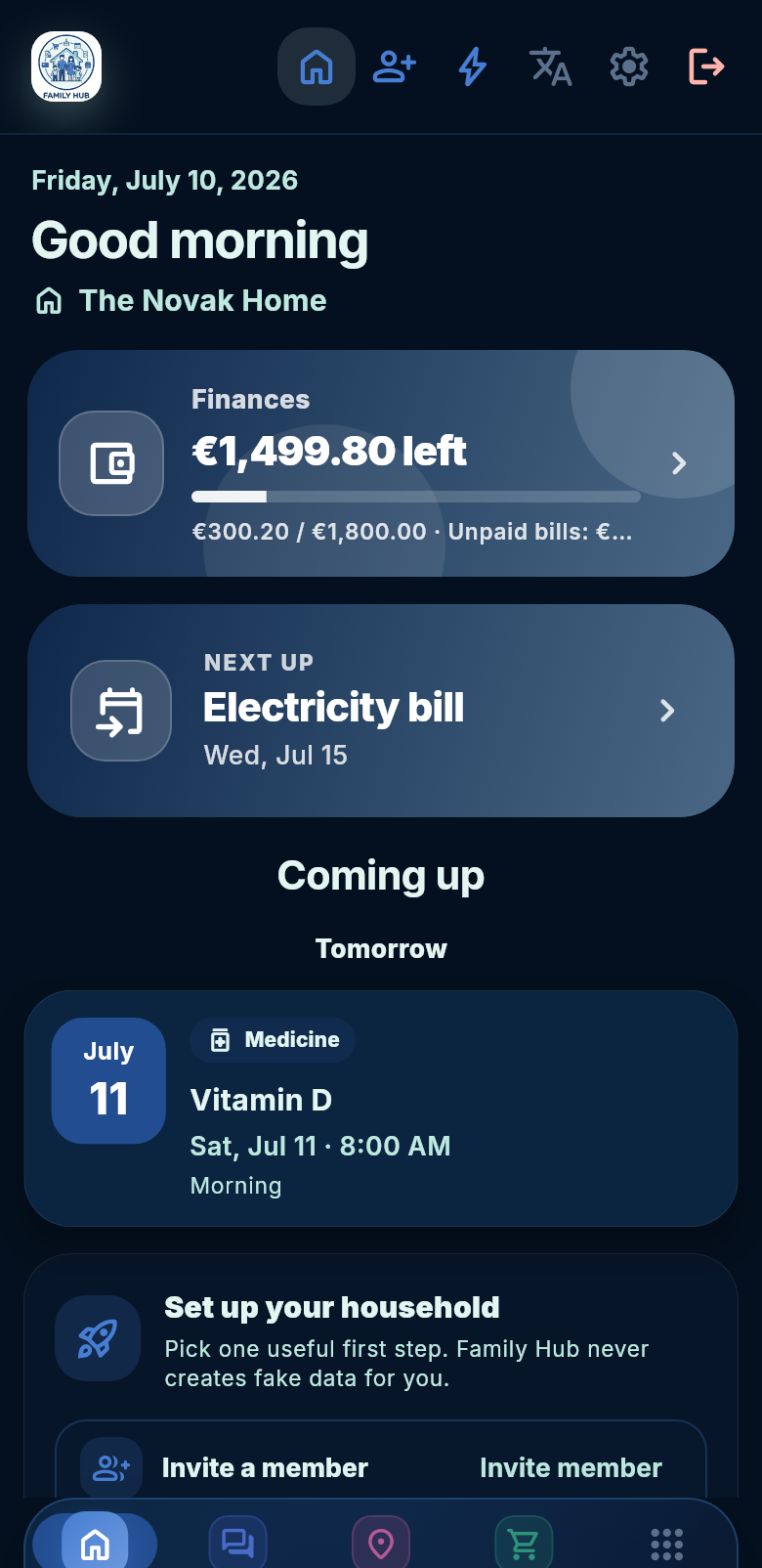 Family Hub dark home dashboard