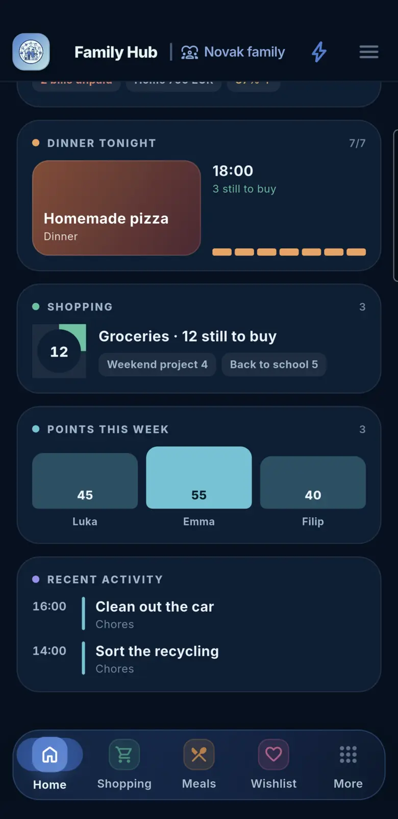Family Hub home, further down: tonight’s dinner, the shopping lists and this week’s points