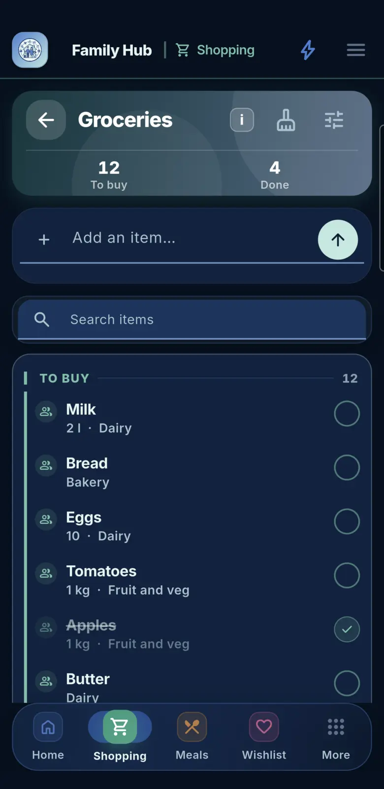 Family Hub shared shopping list