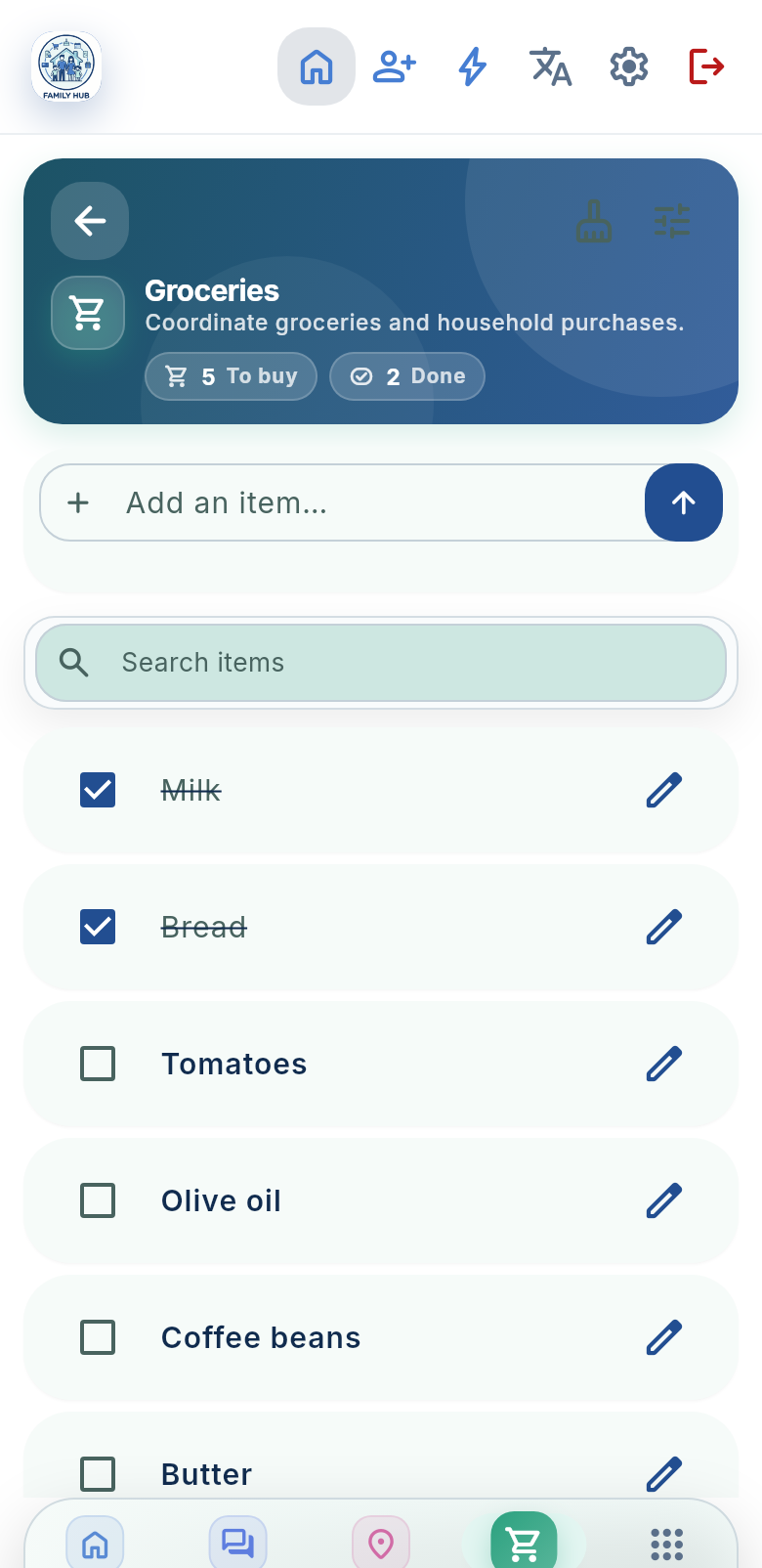 Shared household shopping list